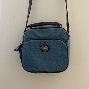 blue denim bag with leather accents